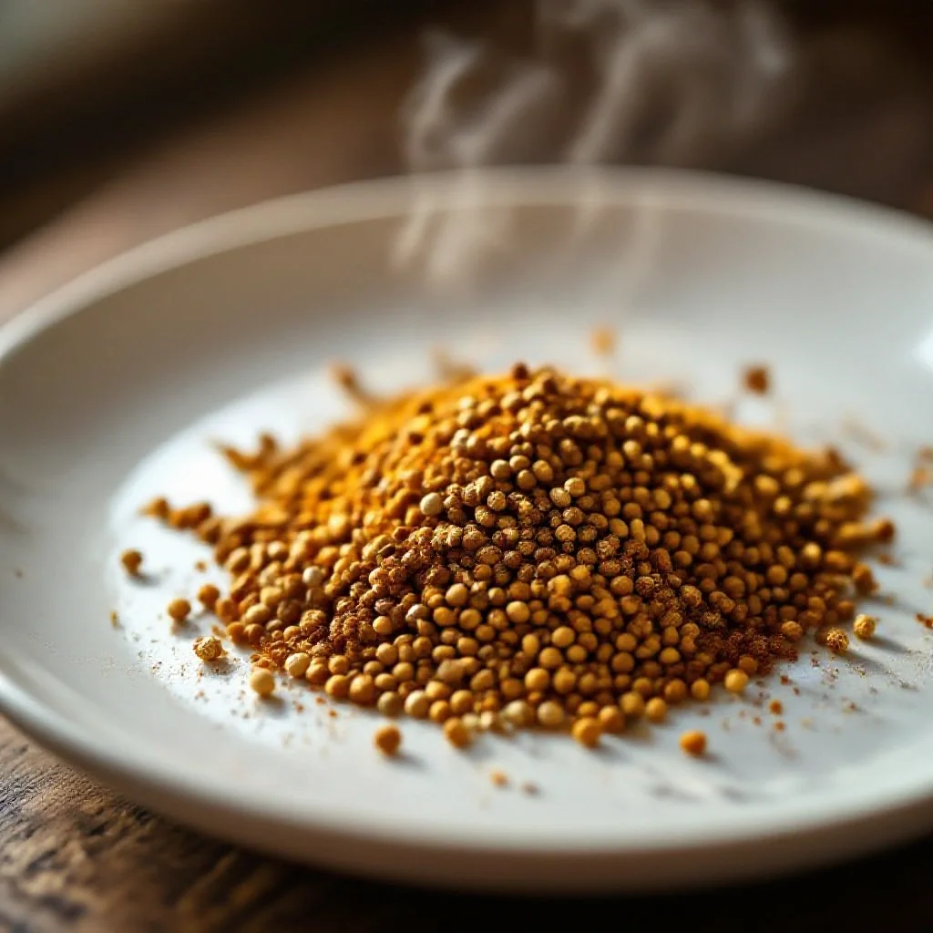 Toasted whole spices cooling on a white ceramic plate after roasting