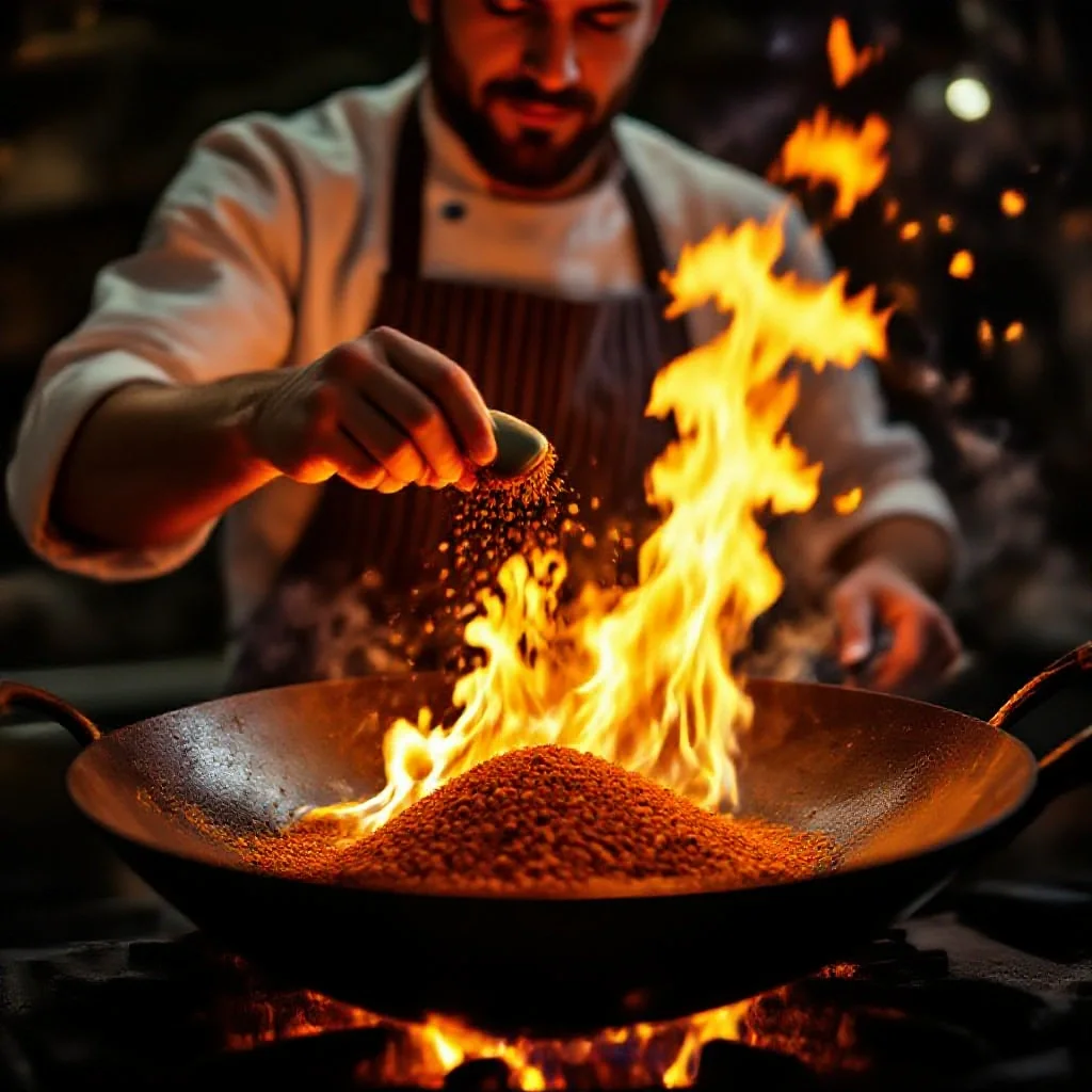 An artisan spice roaster tossing small batch whole spices in a wok over high...