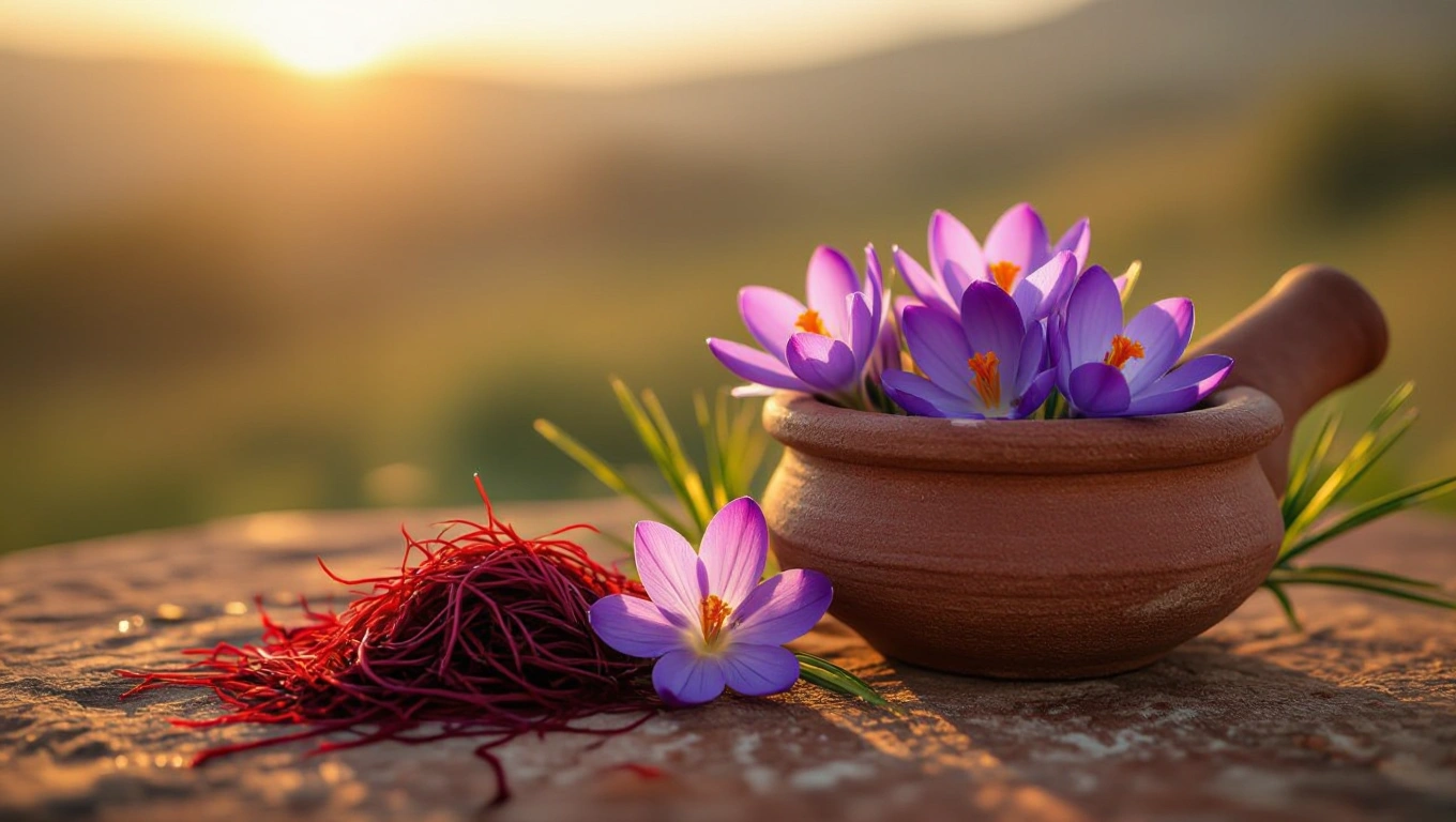 Deep crimson saffron threads resting on a weathered stone mortar