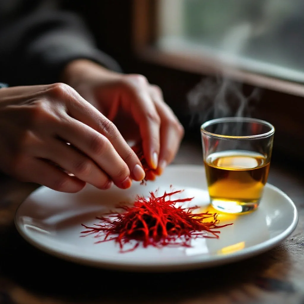 A pair of hands gently spreading vivid red saffron stigmas