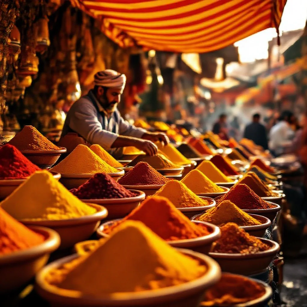 A vibrant Moroccan spice market stall