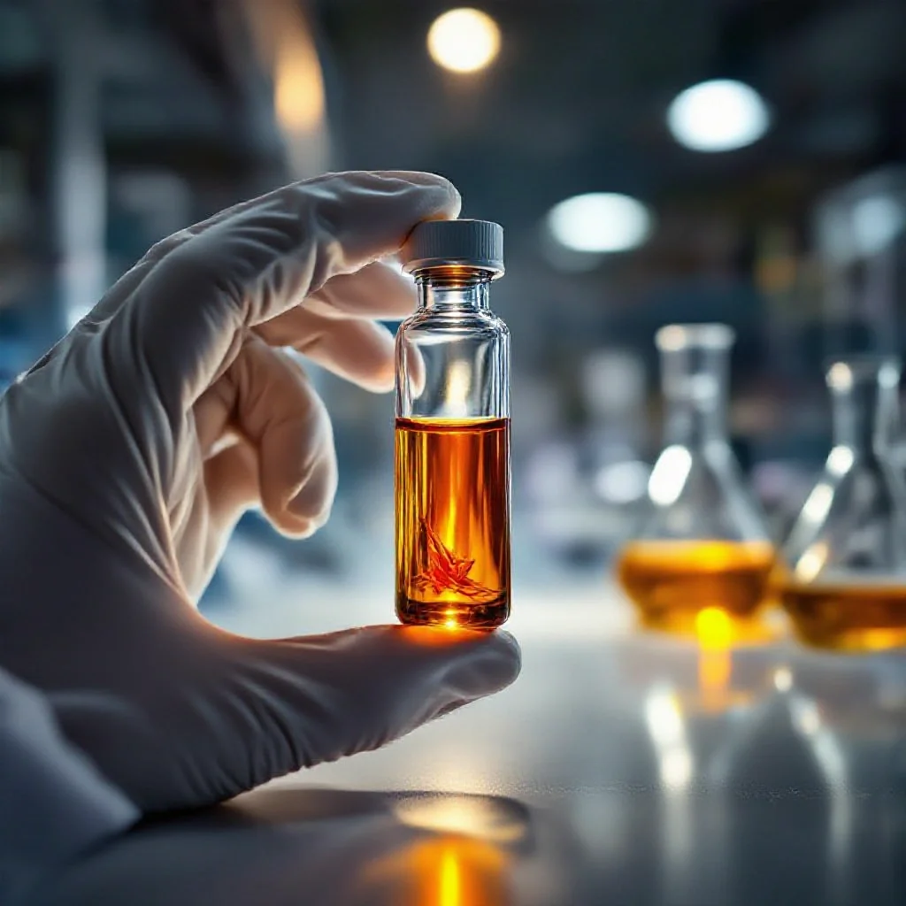 A gleaming glass laboratory vial held up to the light