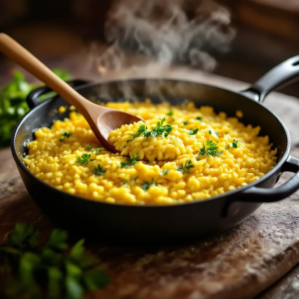 A steaming pan of golden saffron risotto