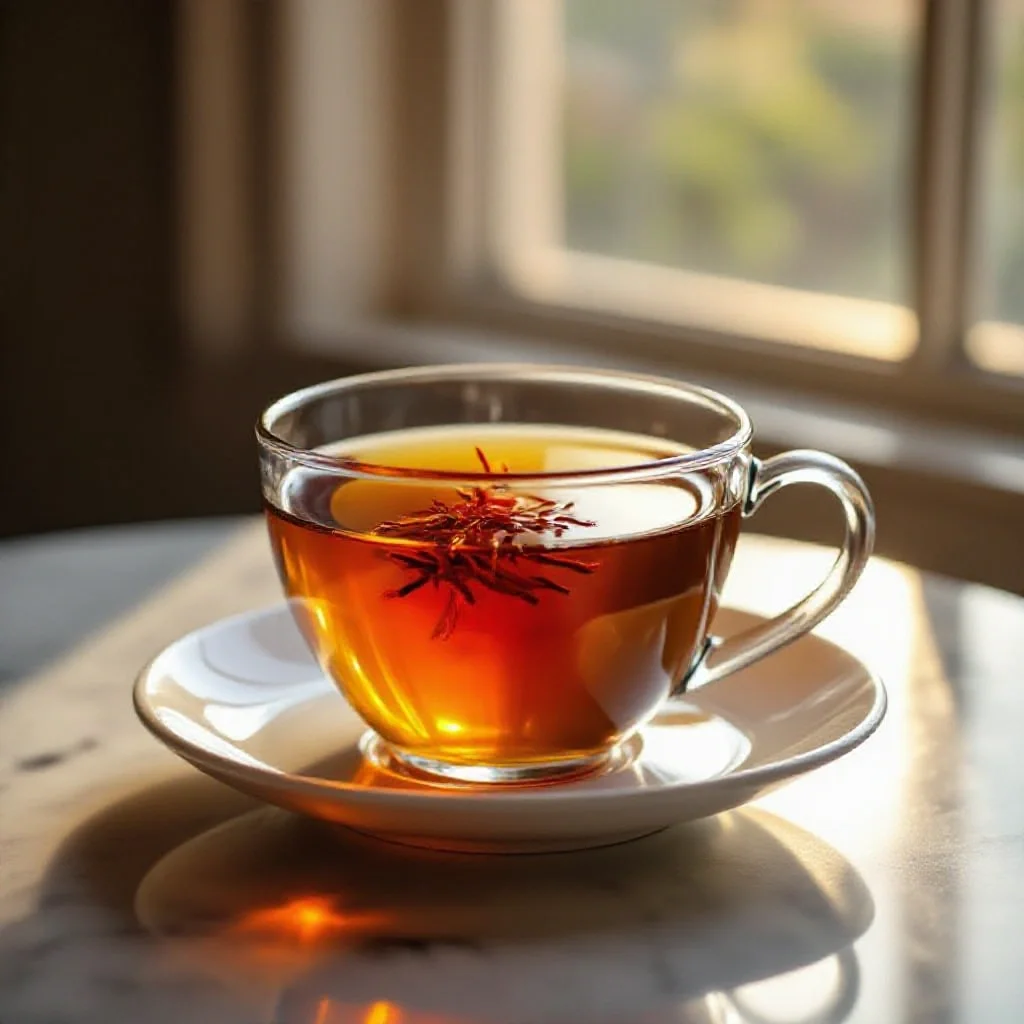 A glass teacup filled with amber saffron tea