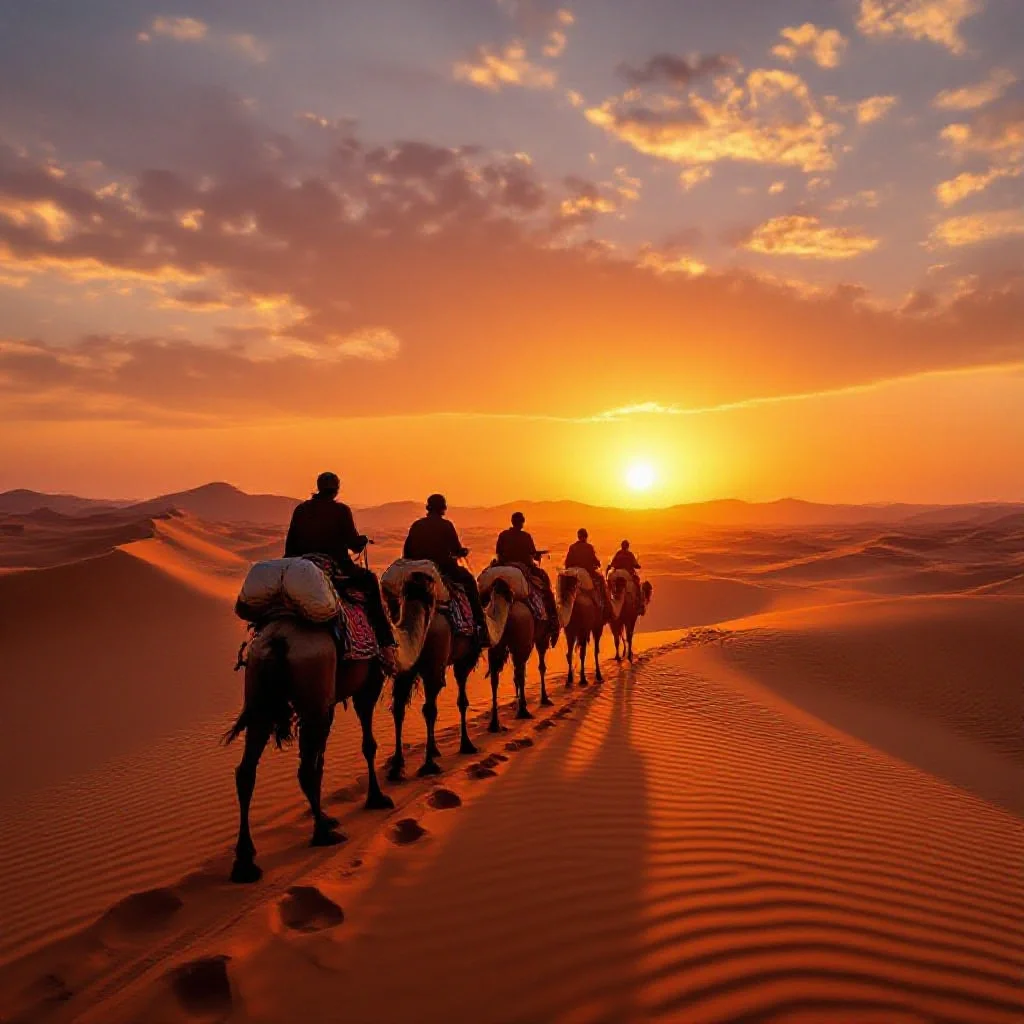 An ancient Silk Road camel caravan crossing a vast ochre desert at golden hour