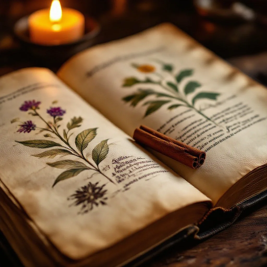 Aged parchment pages of a medieval herbal manuscript open to a page showing...