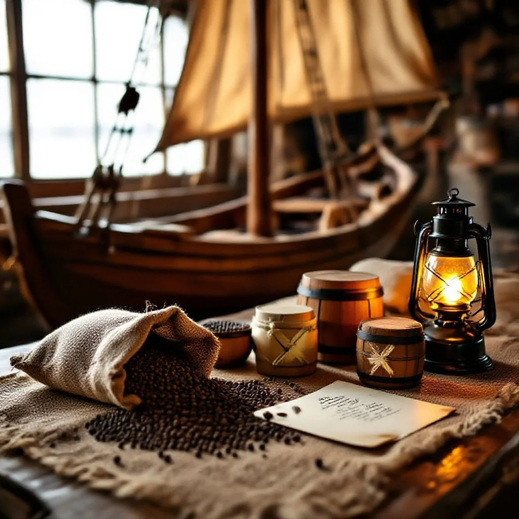 A 16th century-style wooden sailing ship's cargo hold scene recreated on a...