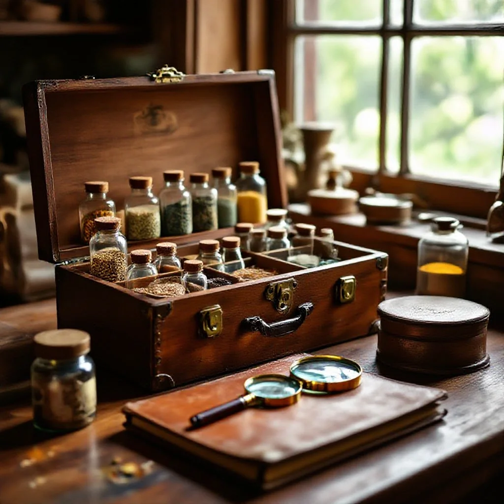 A botanist's wooden field chest open on a table