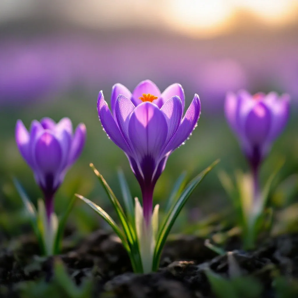 A blooming Crocus sativus flower in extreme close detail