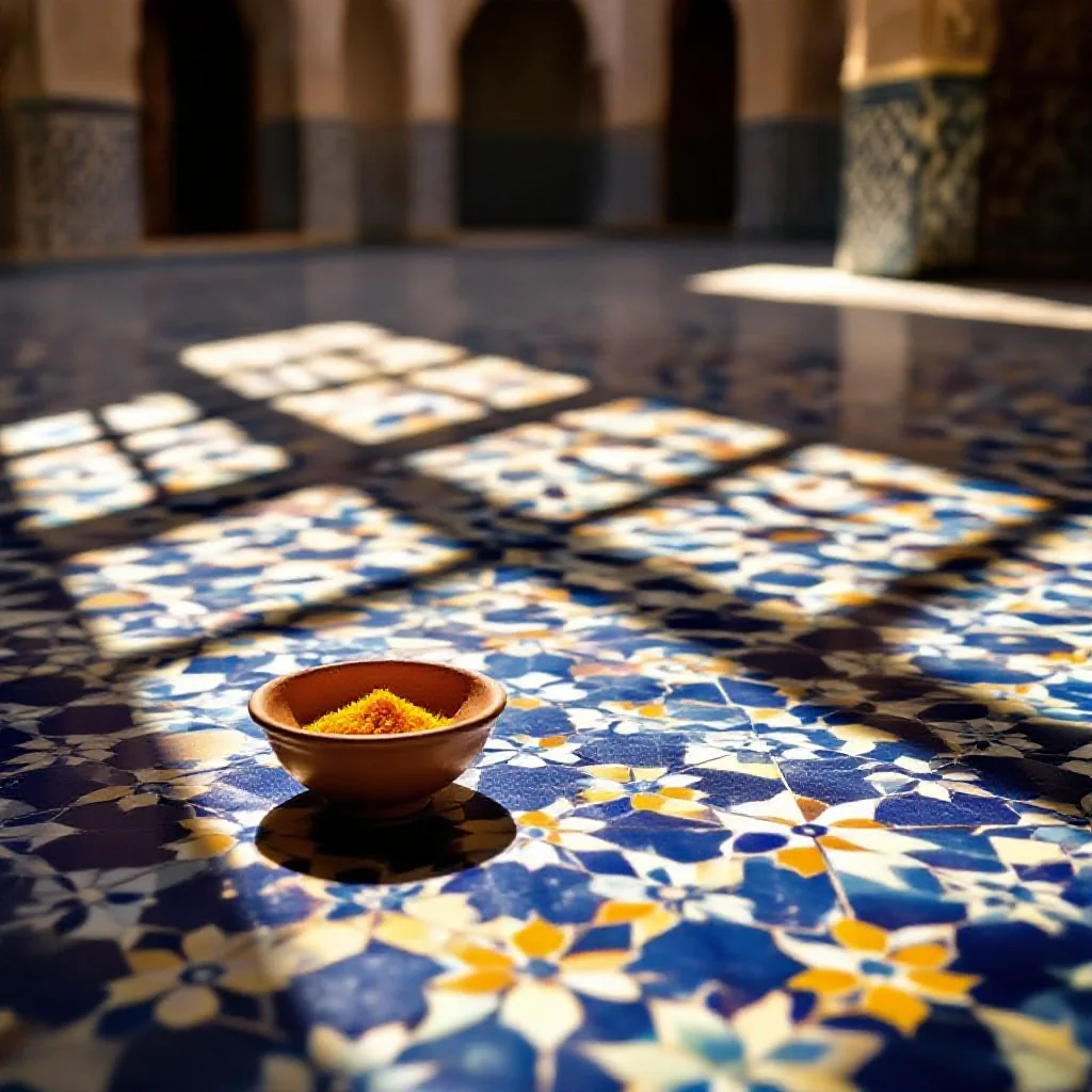 A traditional Persian ceramic tile mosaic on a courtyard floor