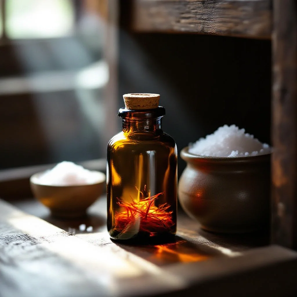 A sealed brown glass vial of saffron beside a small ceramic pot of rock salt...