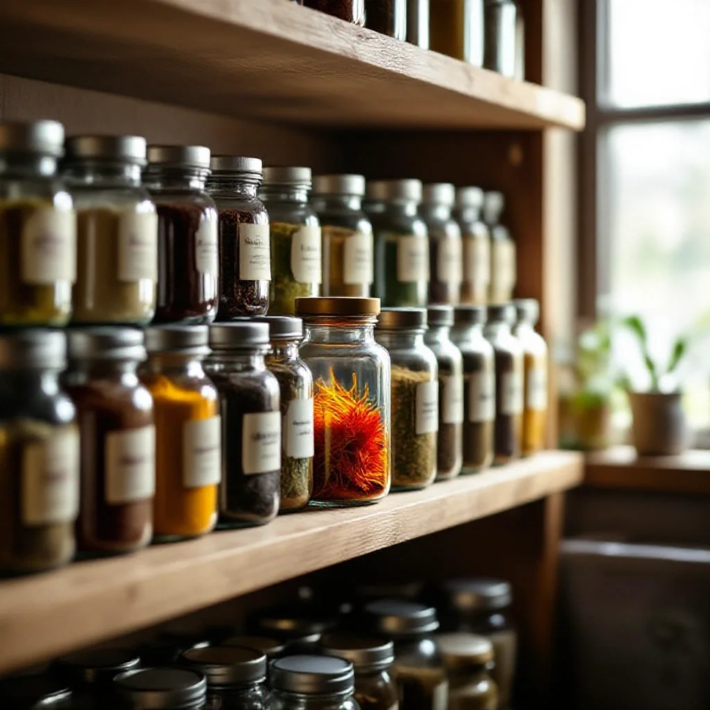 A pantry shelf with an assortment of well-labelled glass jars of spices