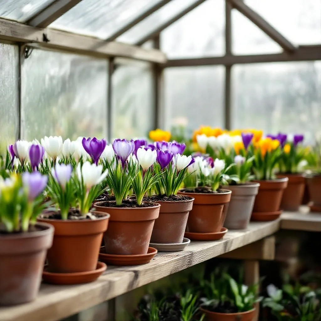 A small artisan greenhouse full of potted crocus plants at various growth stages
