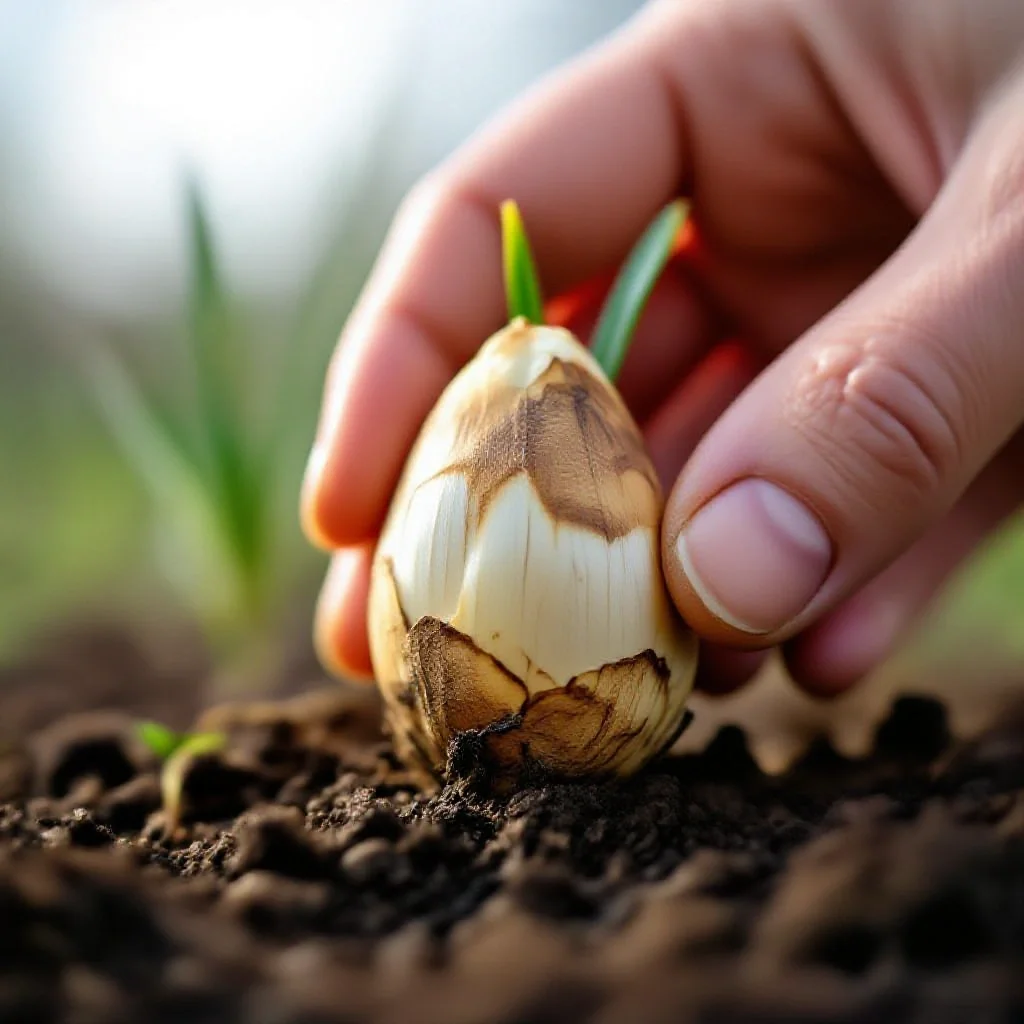 A Crocus sativus corm (bulb) in a hand