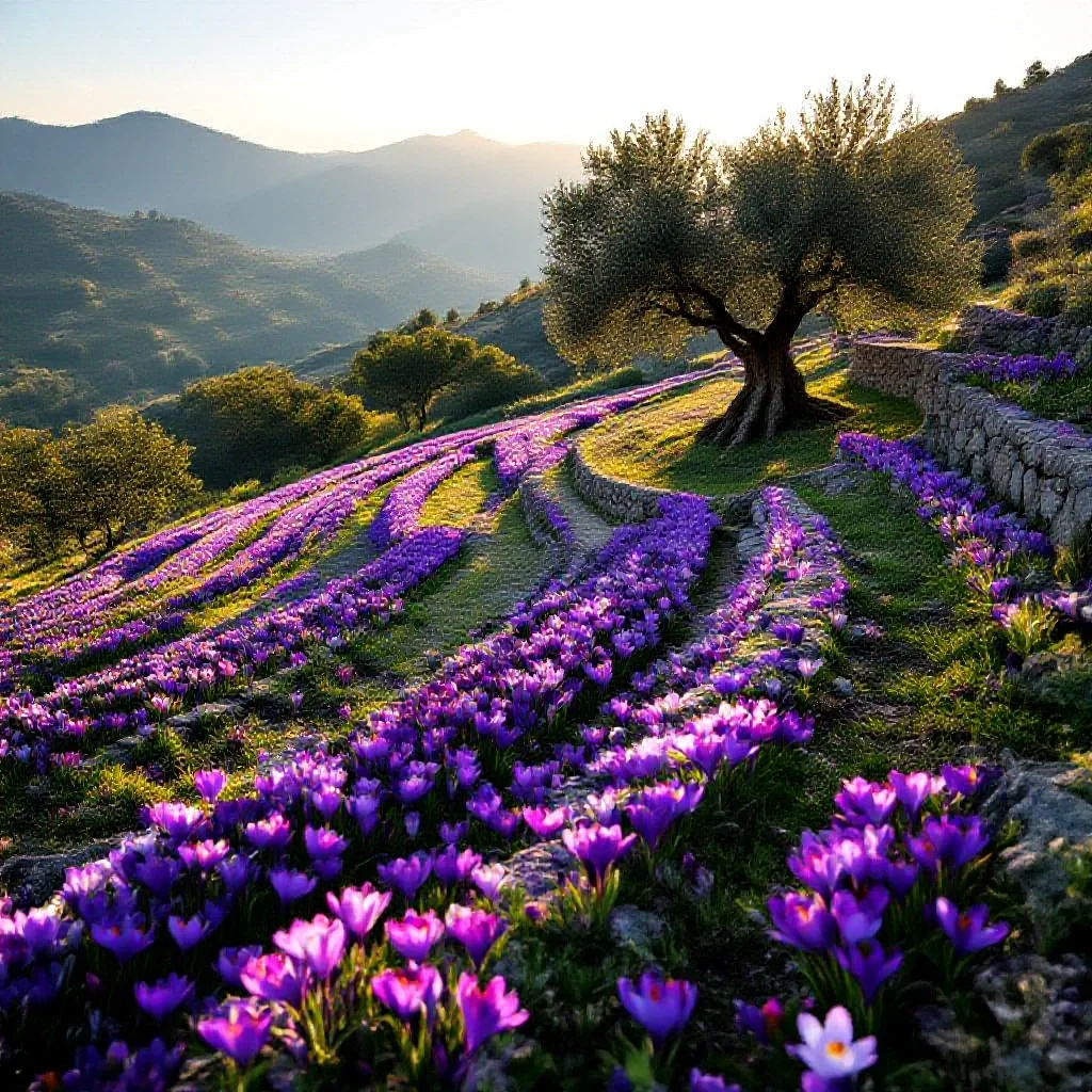 A traditional Greek or Italian crocus cultivation terrace on a hillside