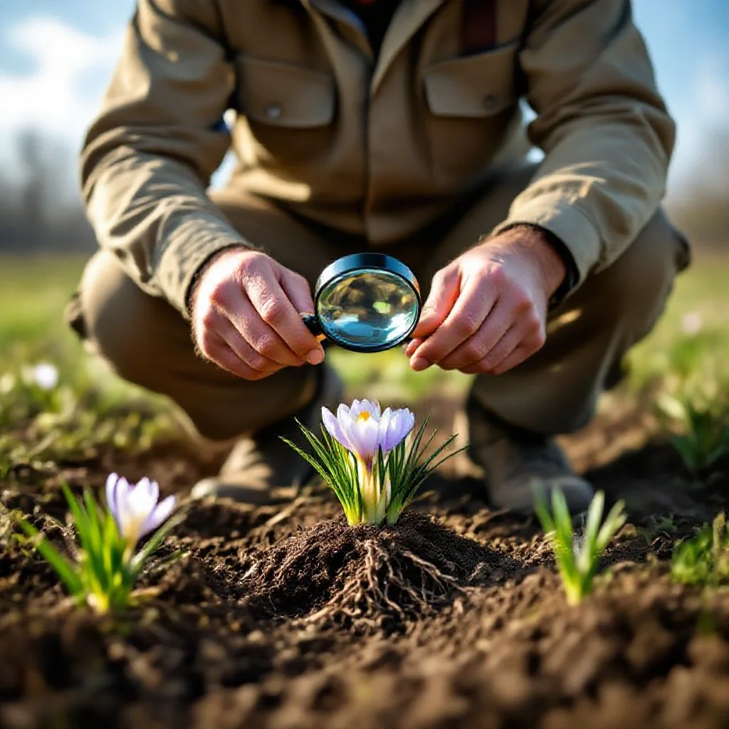 An agronomist kneeling beside a crocus plant with a magnifying glass