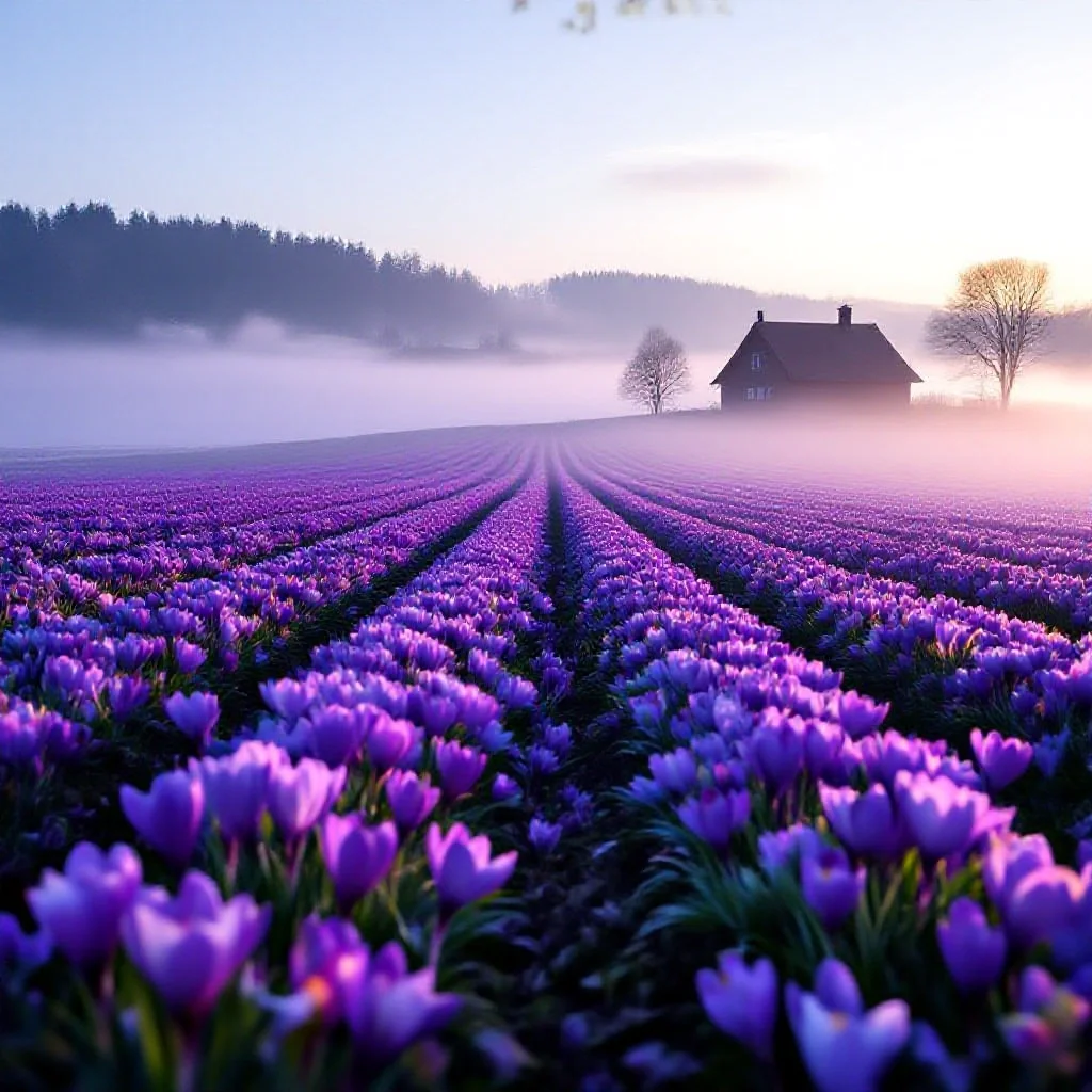 Purple crocus fields at dawn seen through a morning mist