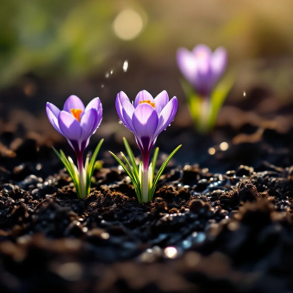 Freshly watered crocus soil after irrigation