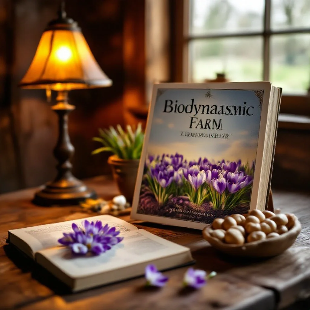 A biodynamic farm calendar and almanac open on a rustic wooden table beside...
