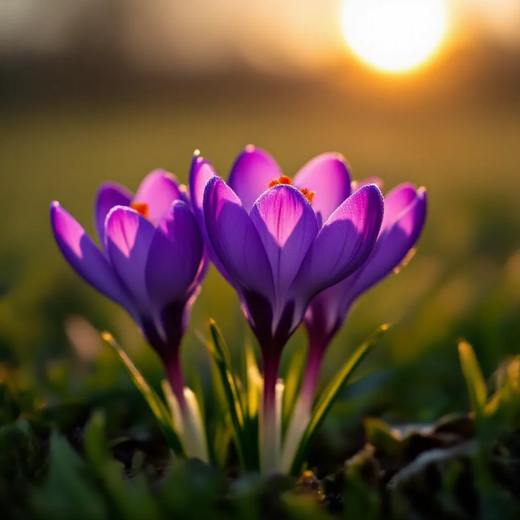 Bright purple crocus petals with dew still fresh on them opening at dawn