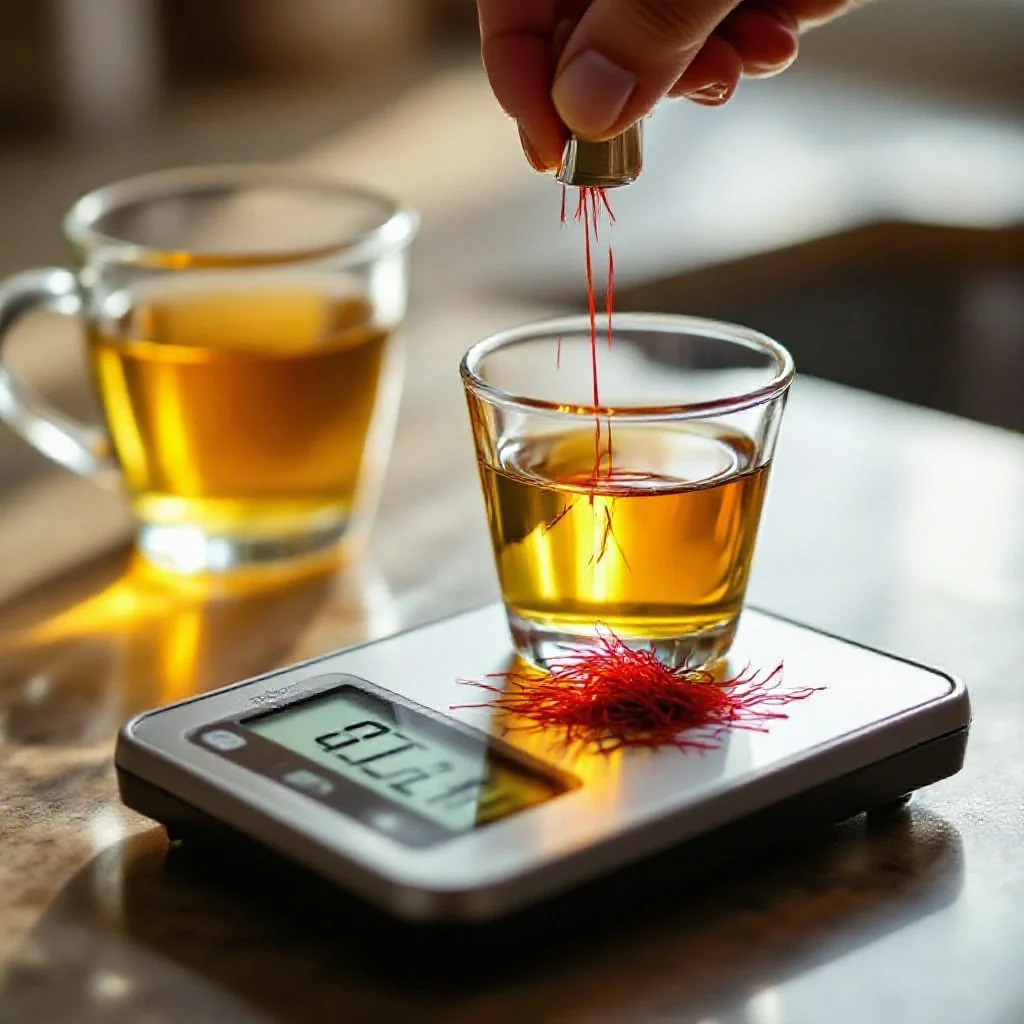 Saffron threads being measured on a digital scale showing 0