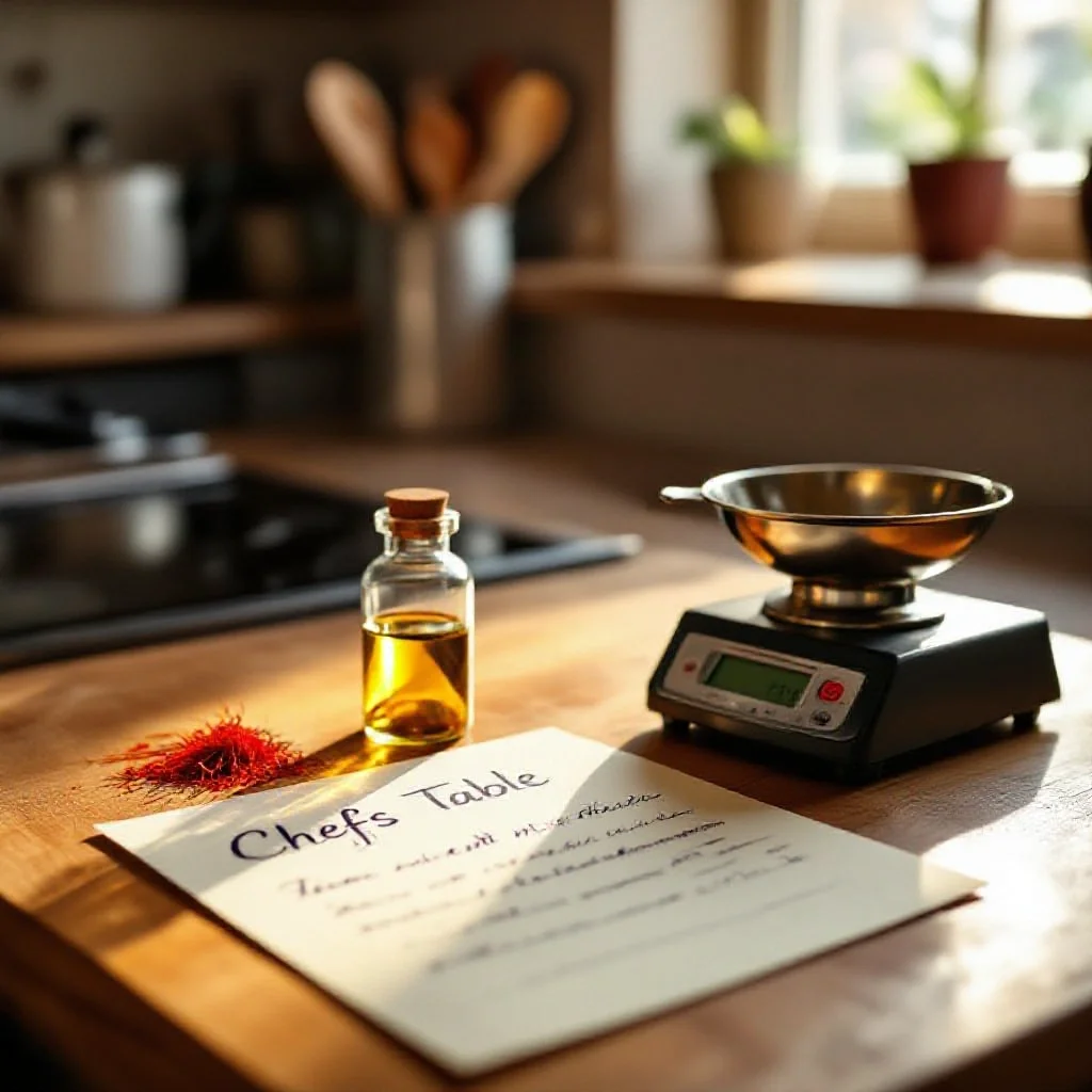 A chefs table recipe card beside a small vial of saffron and a kitchen scale