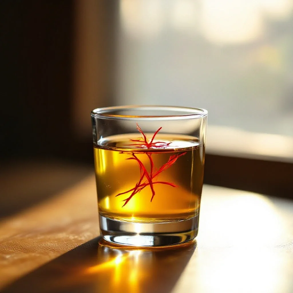 A small glass of warm water with five saffron threads infusing in it