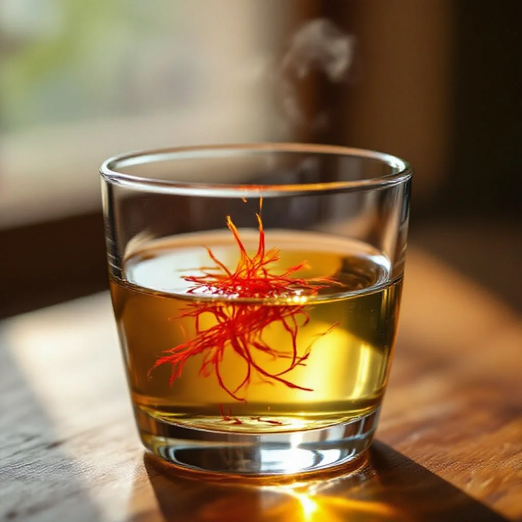 Authentic saffron threads being placed into a glass of cold water