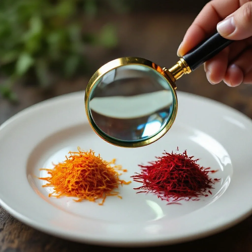 A magnifying glass held over a plate of saffron