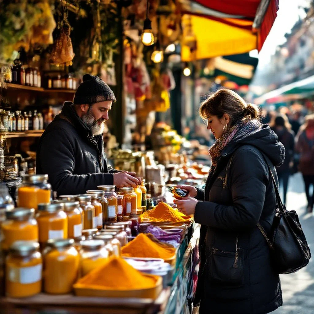 A dubious market stall with unlabelled jars of orange-yellow powders beside...