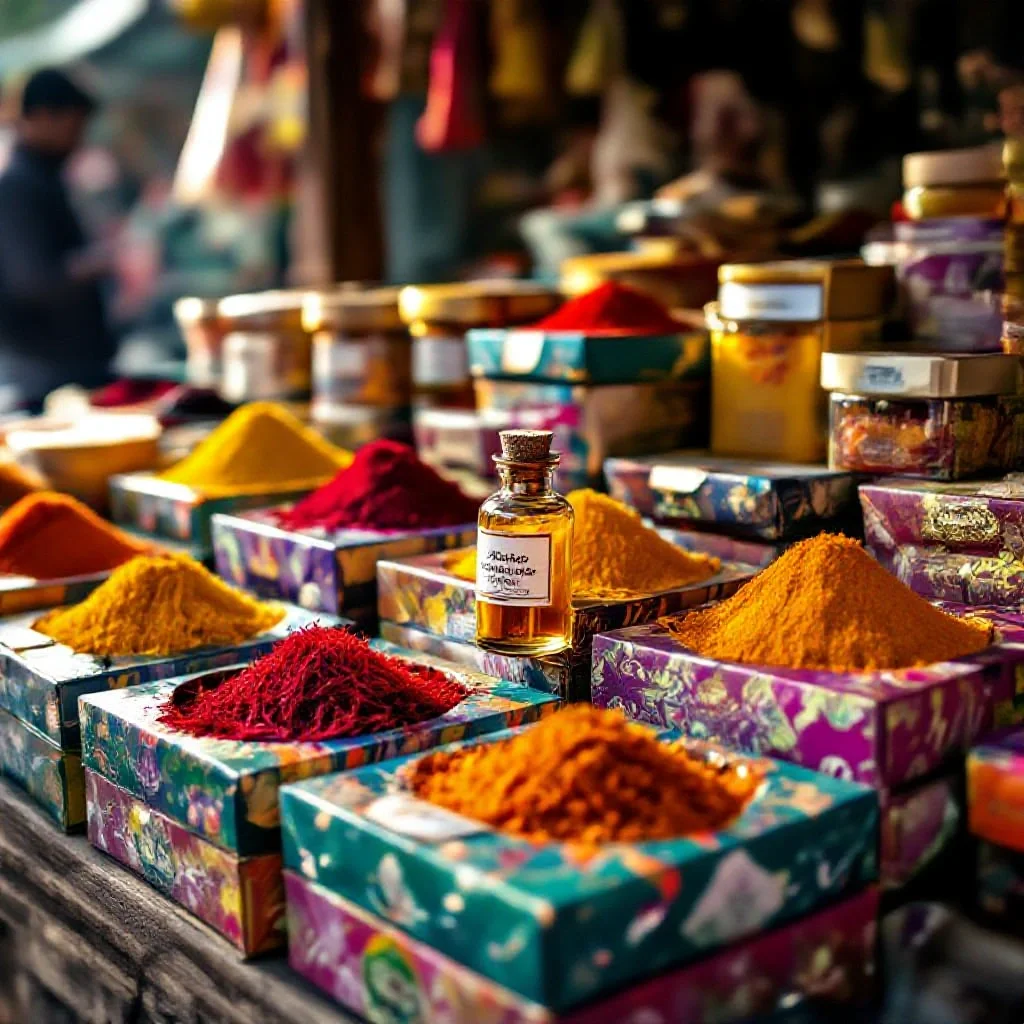 An array of suspicious cheap saffron products in gaudy packaging at a market...