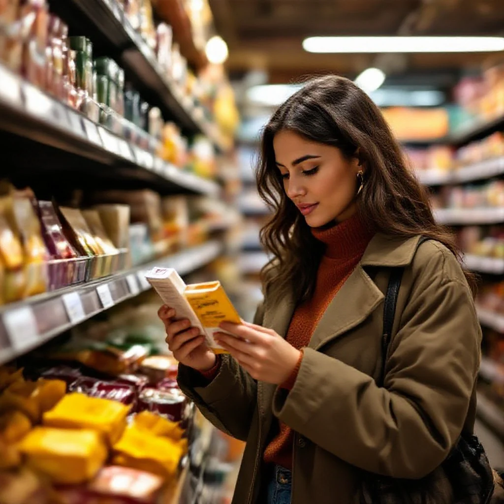 A consumer reading the label of a saffron package in a shop