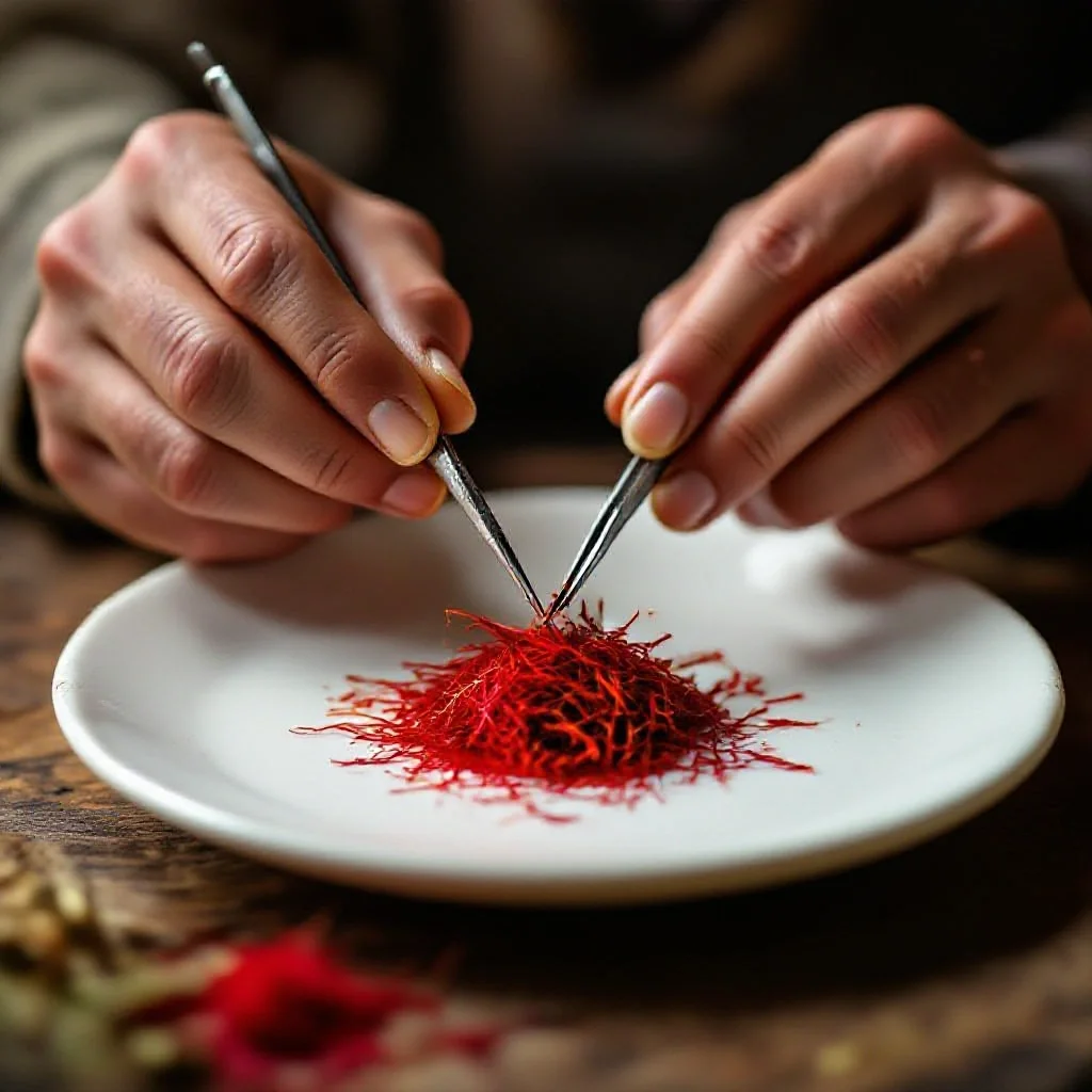 A spice merchant's hands using tweezers to examine individual saffron...