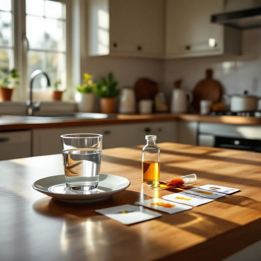 A domestic kitchen counter with a consumer authenticity testing kit, small...