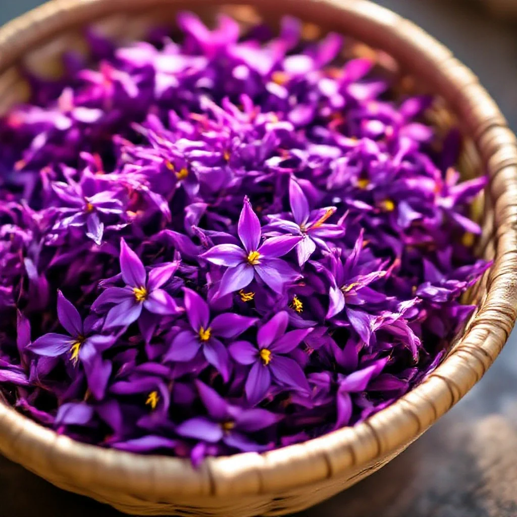 A large flat-woven esparto basket filled with fresh saffron flowers ready...