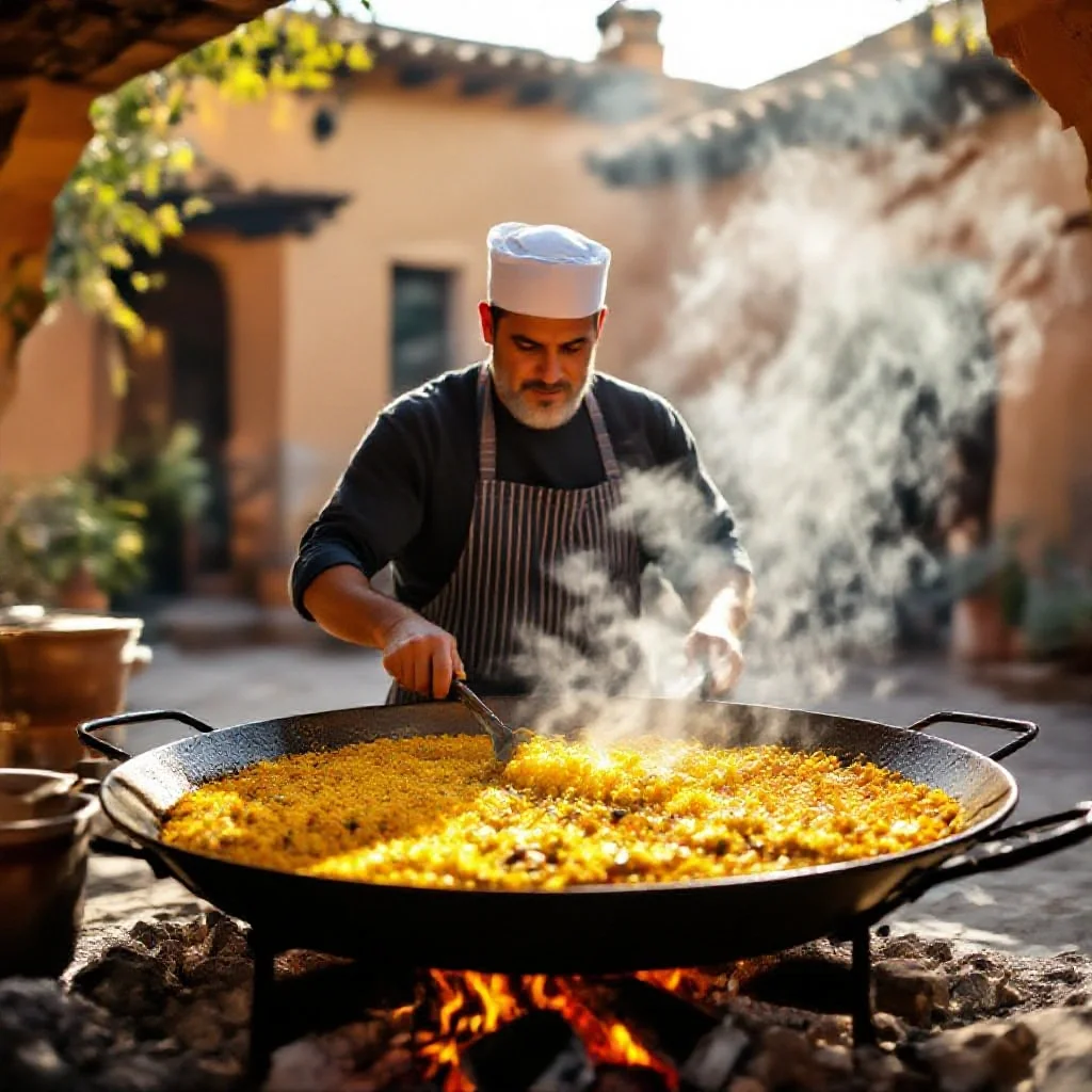 A Spanish cook preparing paella in a massive round steel pan over a wood...