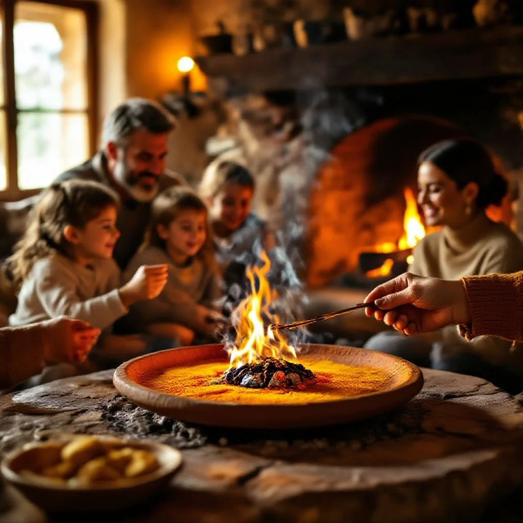 A Spanish saffron toast ceremony, a family gathered around a stone...