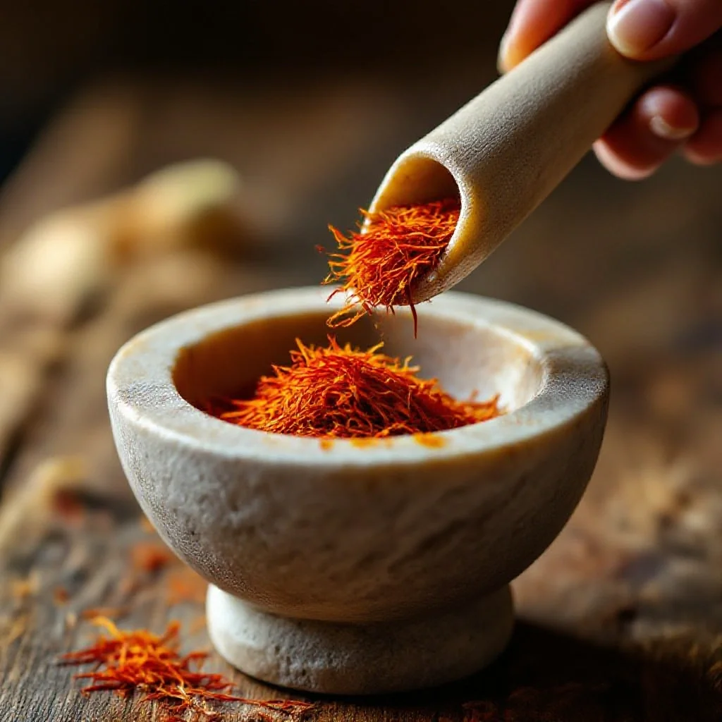 Toasted saffron threads poured into a traditional Spanish mortar and pestle