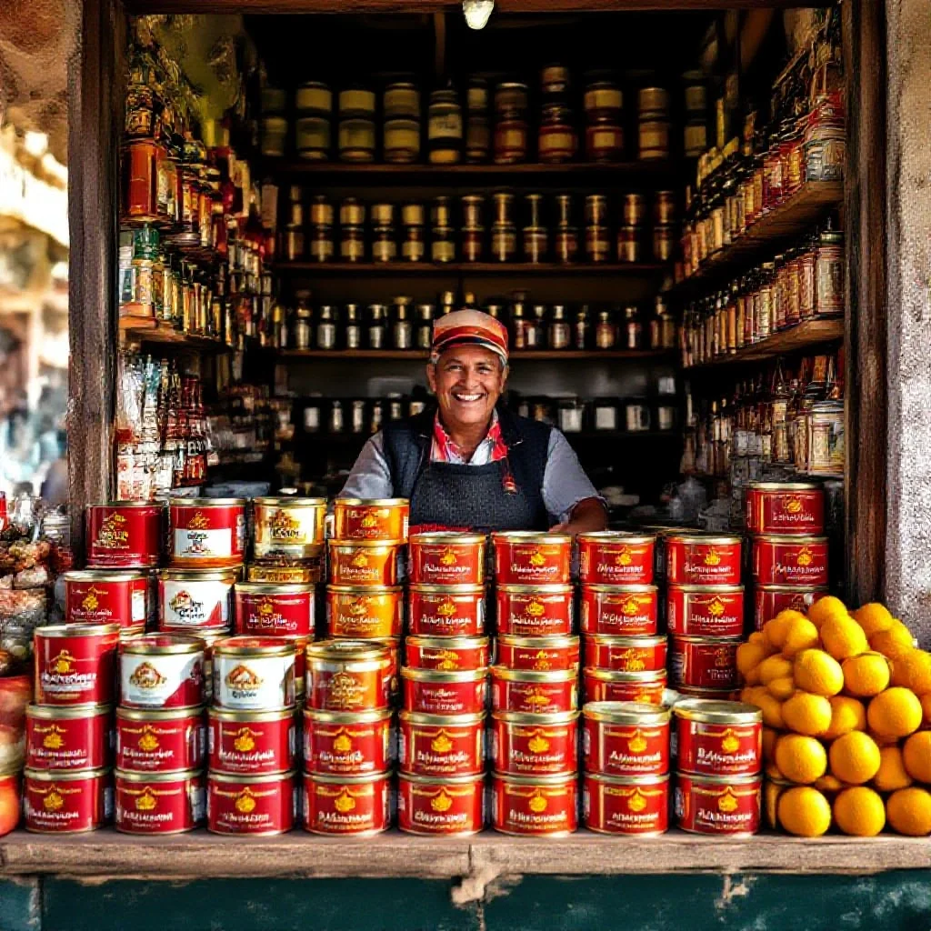 A Spanish rural market stall displaying labelled tins of La Mancha DOP saffron