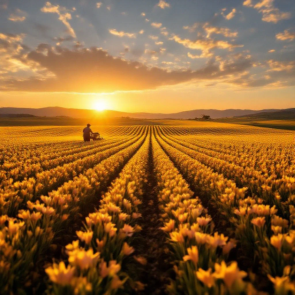 Rows of golden saffron fields in La Mancha stretching to the horizon