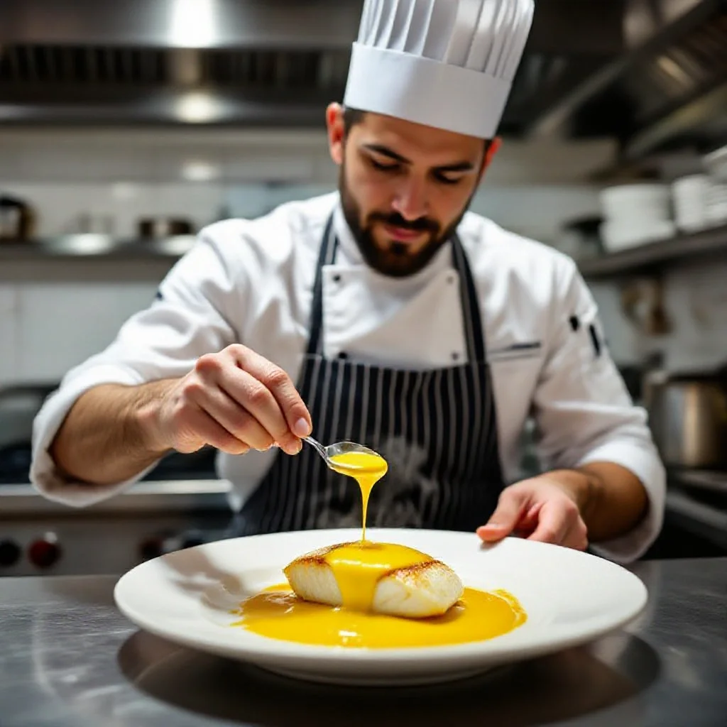 A chef in a French bistro kitchen plating a golden saffron cream sauce over...