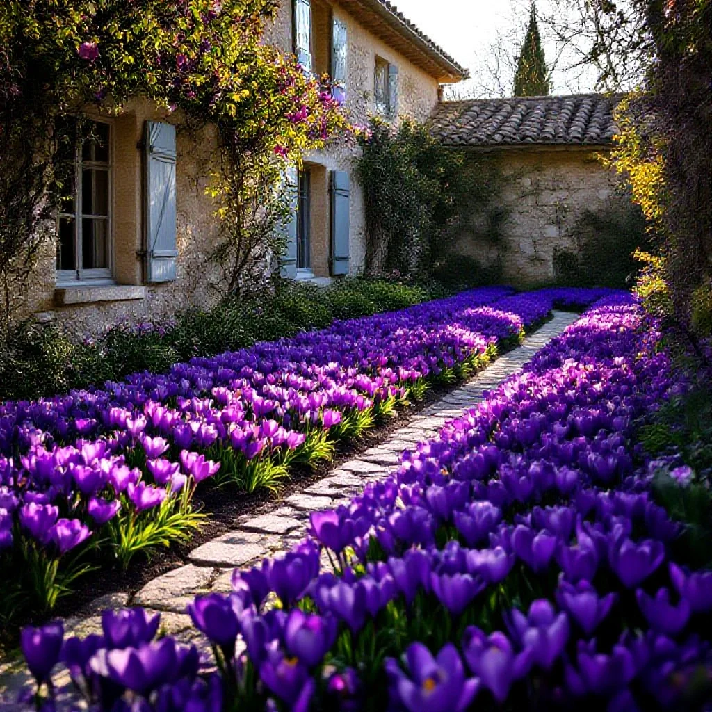 Purple crocus rows growing in neat limestone-bordered beds in a Provence...
