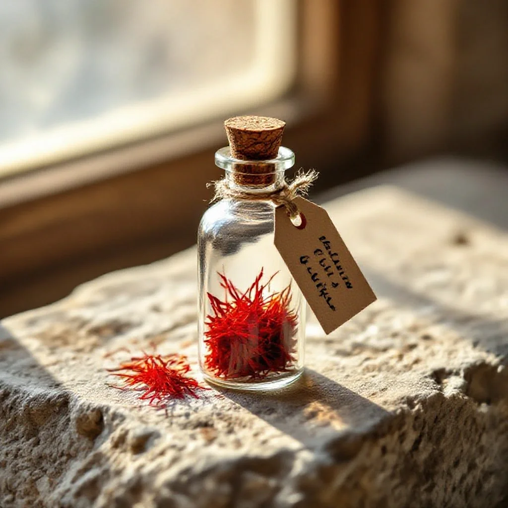 An artisan glass vial labelled with a hand-written tag