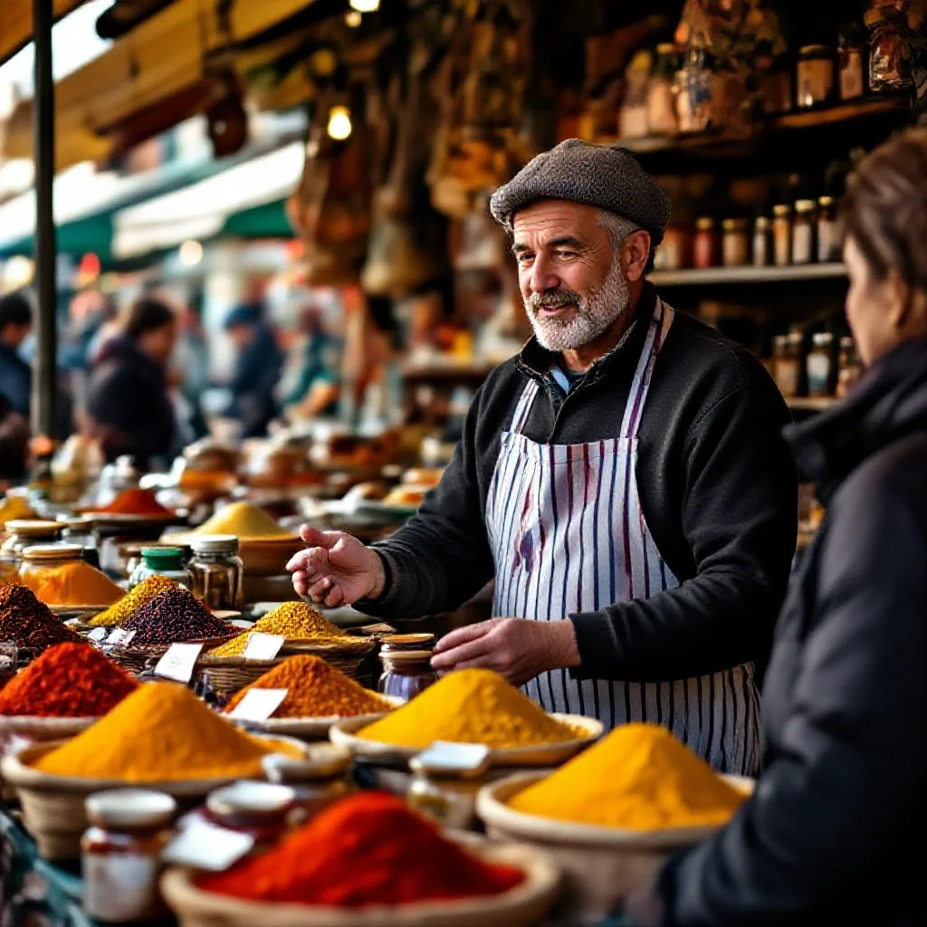 A French market vendor in a striped apron behind a table of spice products