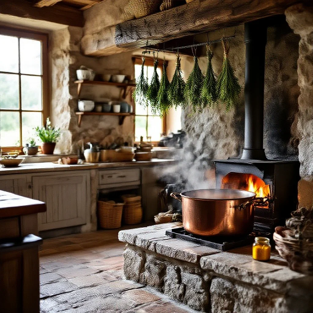 A stone-floored French farmhouse kitchen