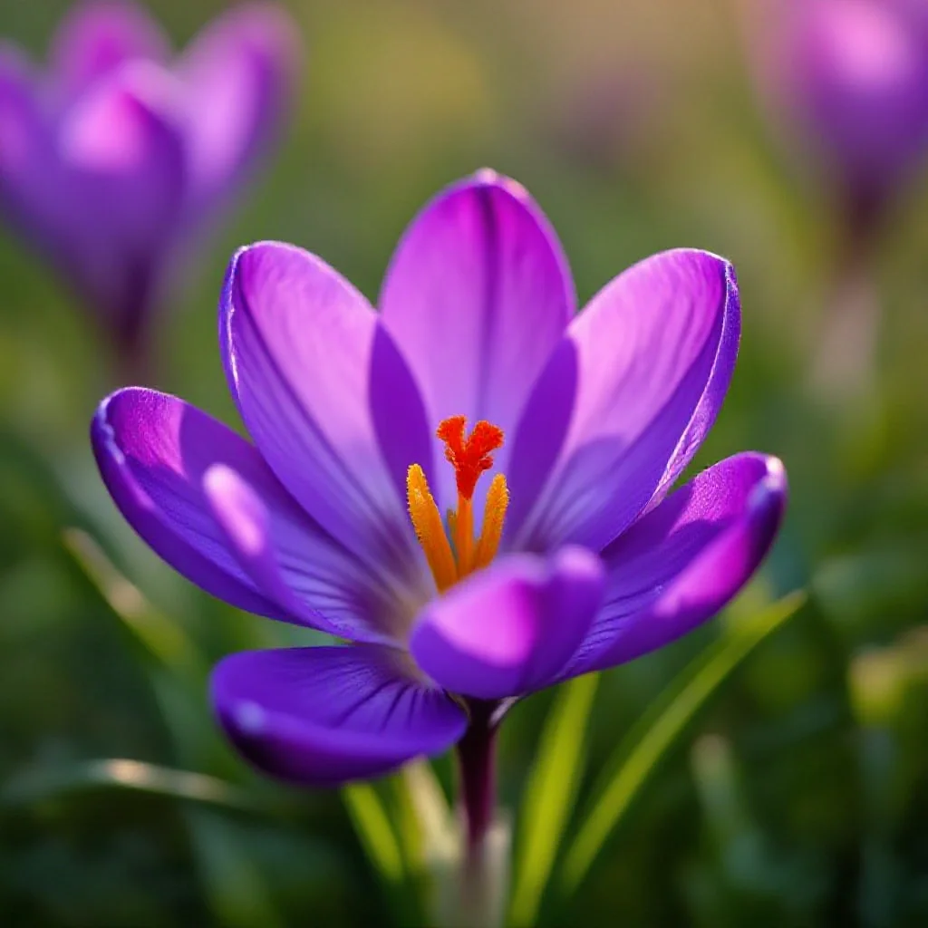 Purple crocus petals with three crimson stigmas exposed