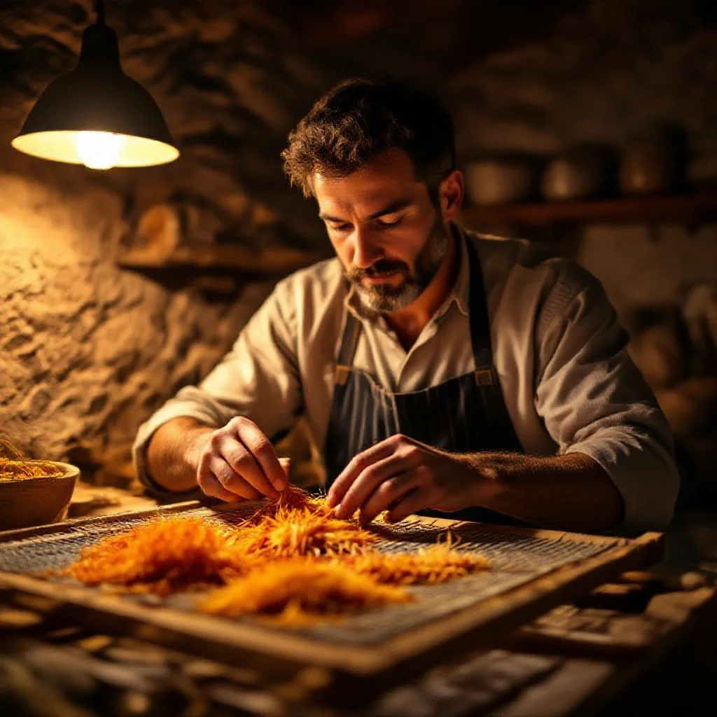 A French artisan carefully placing freshly separated saffron stigmas on a...