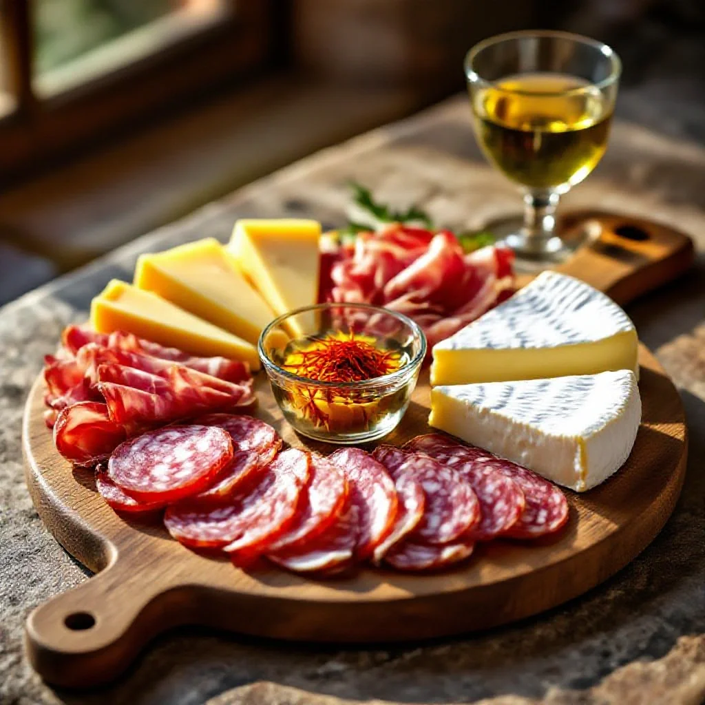 A traditional French gourmet cheese and charcuterie platter with a small...