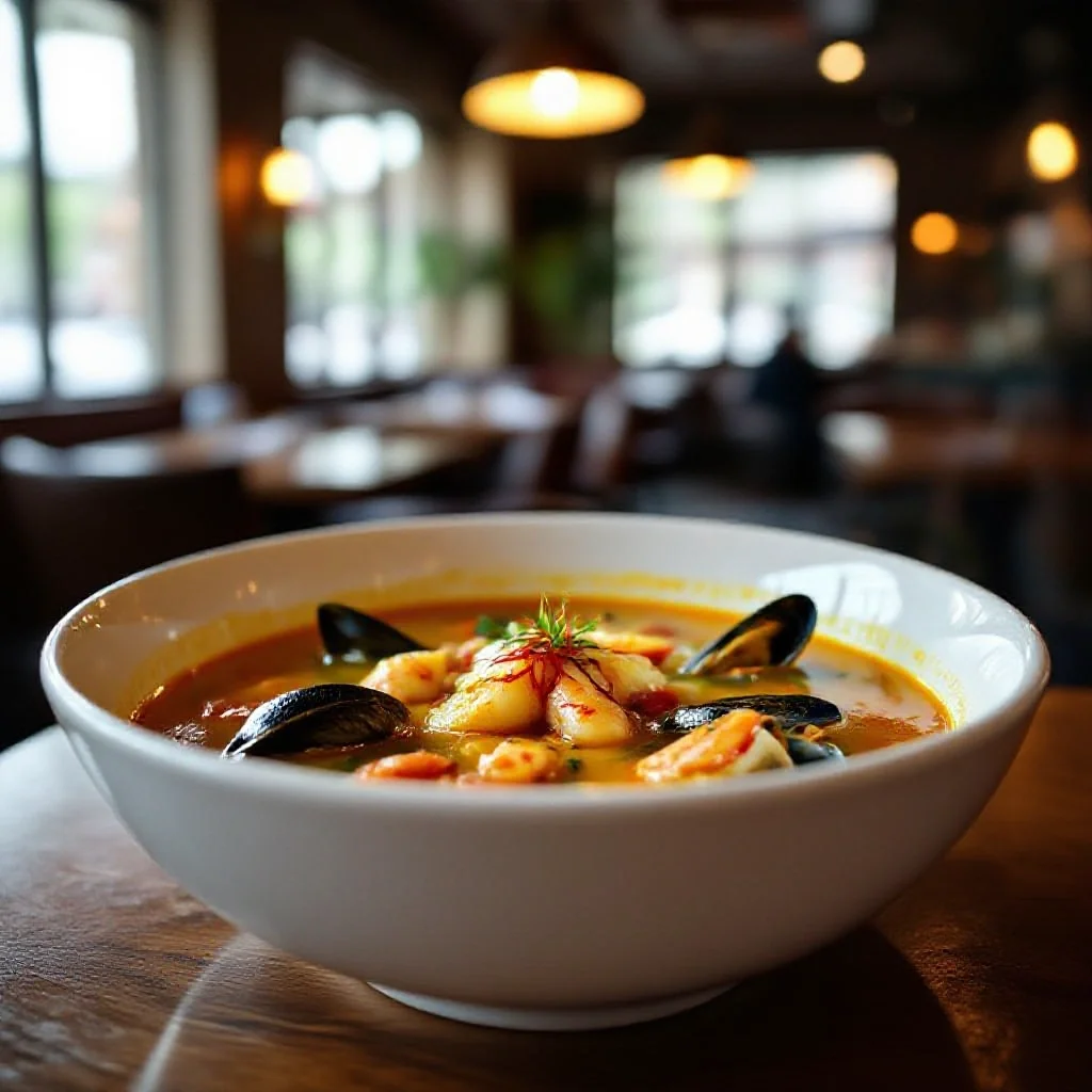 Saffron-scented bouillabaisse in a deep white bowl