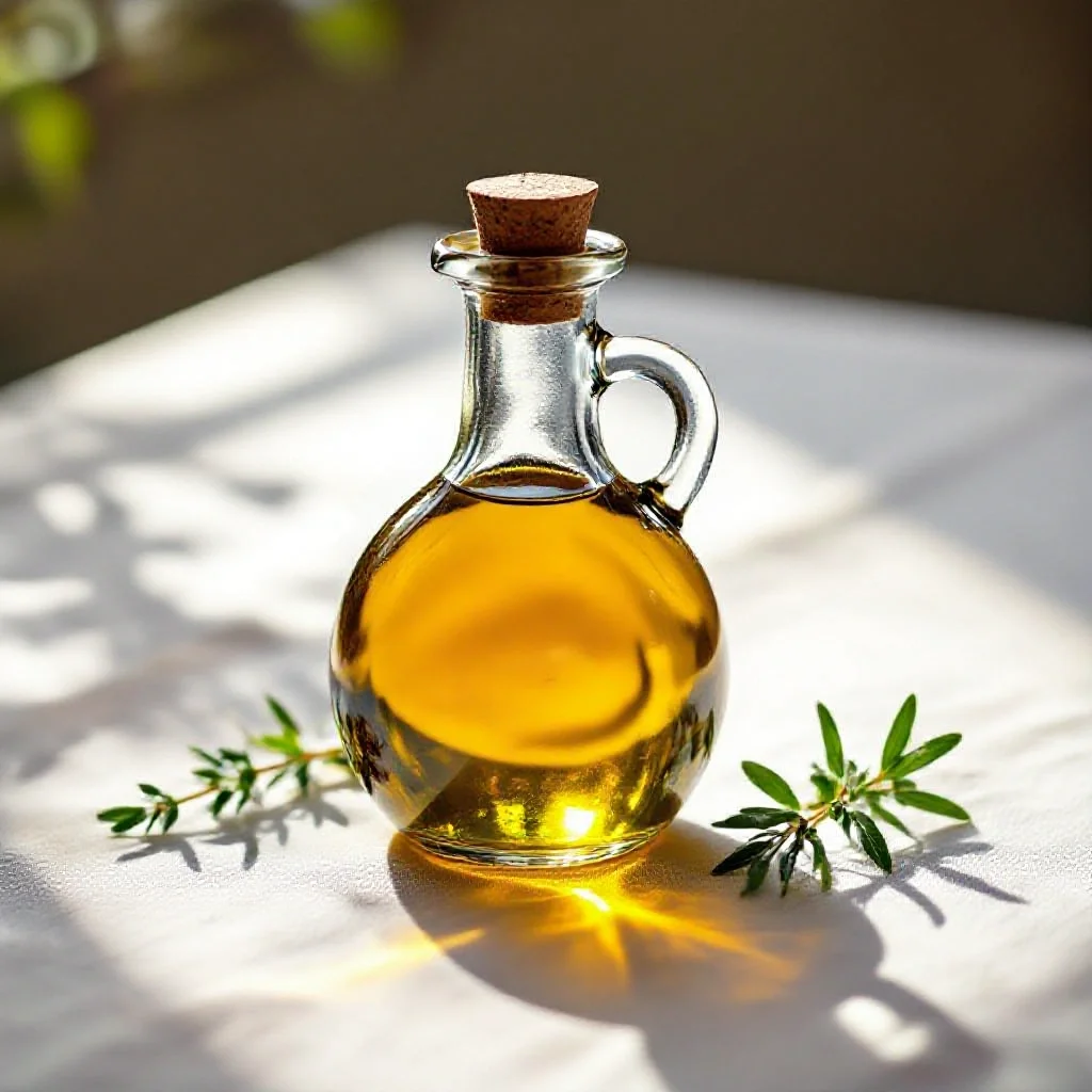 A glass bottle of artisan French saffron-infused olive oil catching the...
